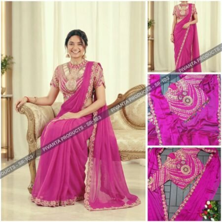 Rani Pink Ready to Wear Saree with Heavy Embroidery & Sequin Work Blouse