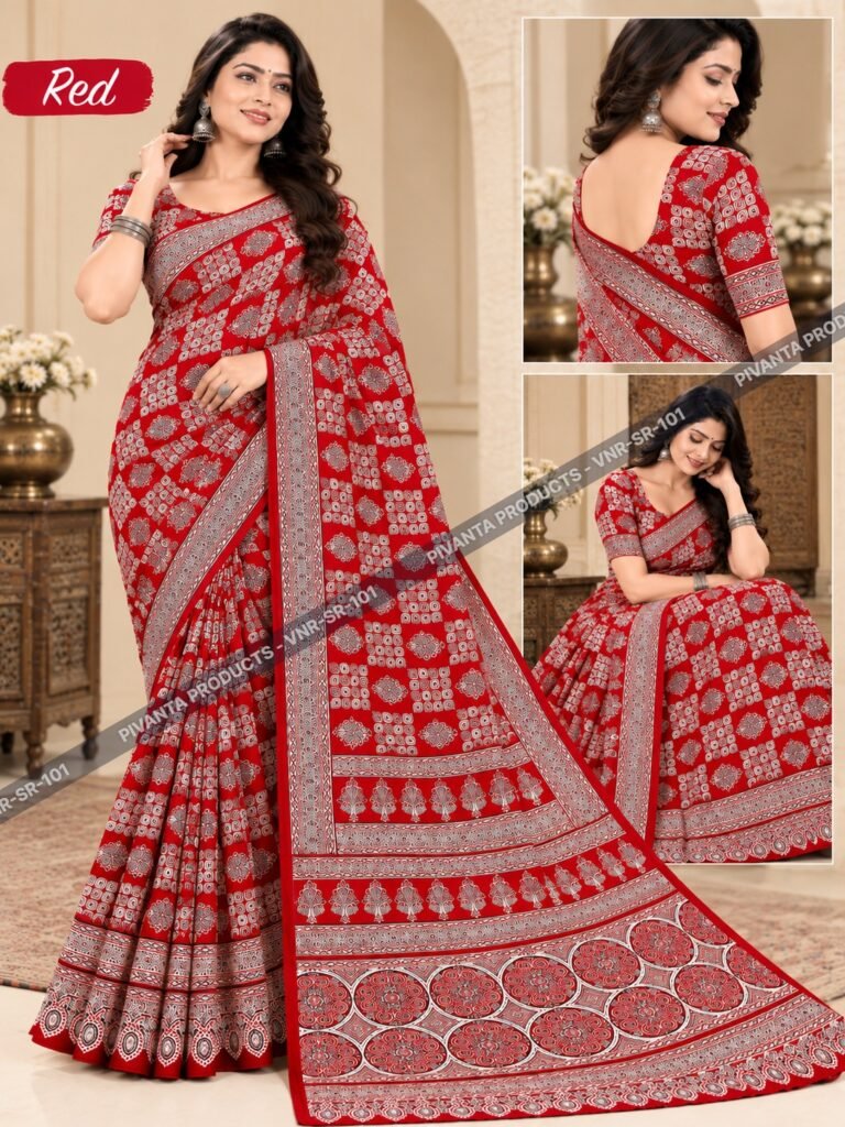 Ajrakh Mirror Work Satin Silk Saree Detail